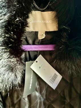 Banana Republic Black Quilted Jacket with Black Faux-Fur Collar